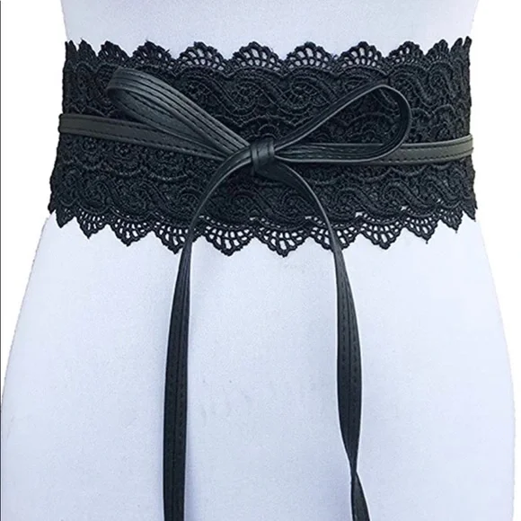 Black Lace faux leather wide boho belt stretch - Picture 6 of 10